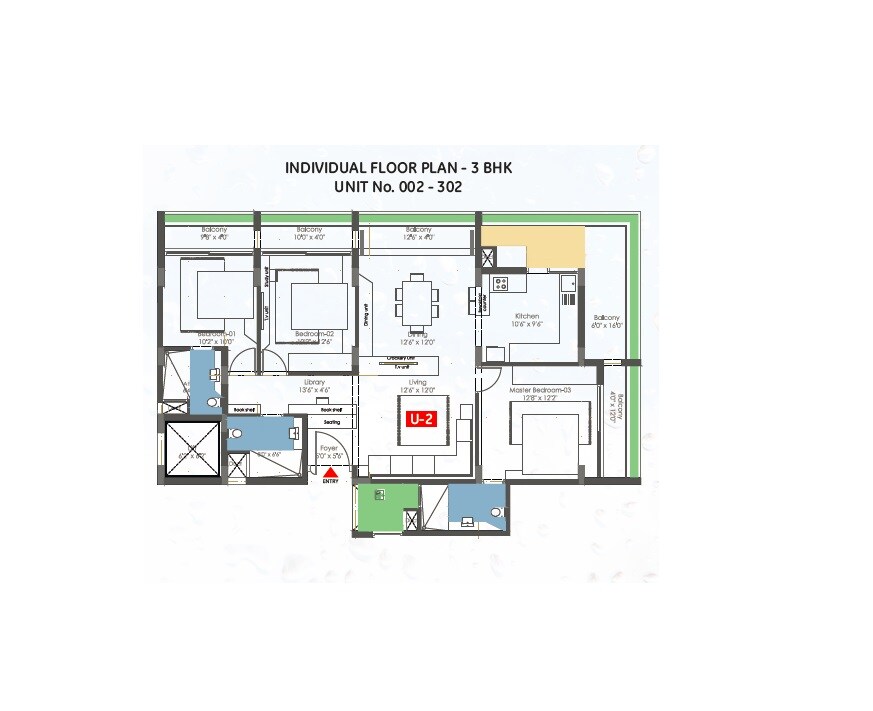 Floor plan of 3 BHK 1626 Sq. Ft. Apartment in Redtree Raindrops, Bangalore