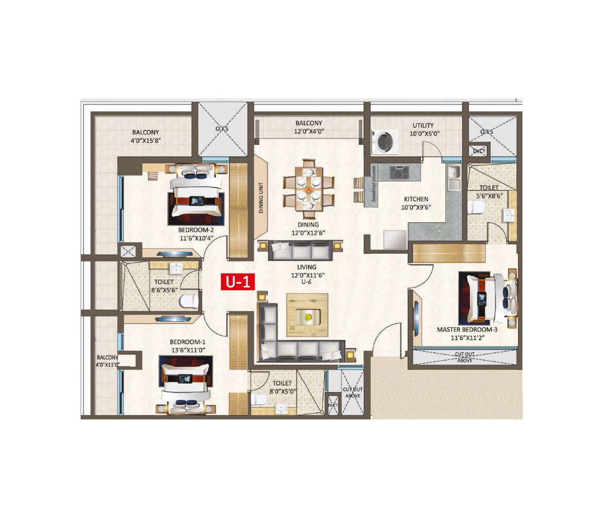 Floor plan of 3 BHK 1738 Sq. Ft. Apartment in Redtree Raindrops, Bangalore