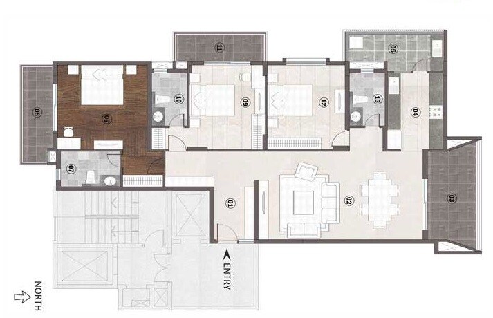 Floor plan of 3 BHK 2340 Sq. Ft. Apartment in Renaissance Bellevue, Bangalore