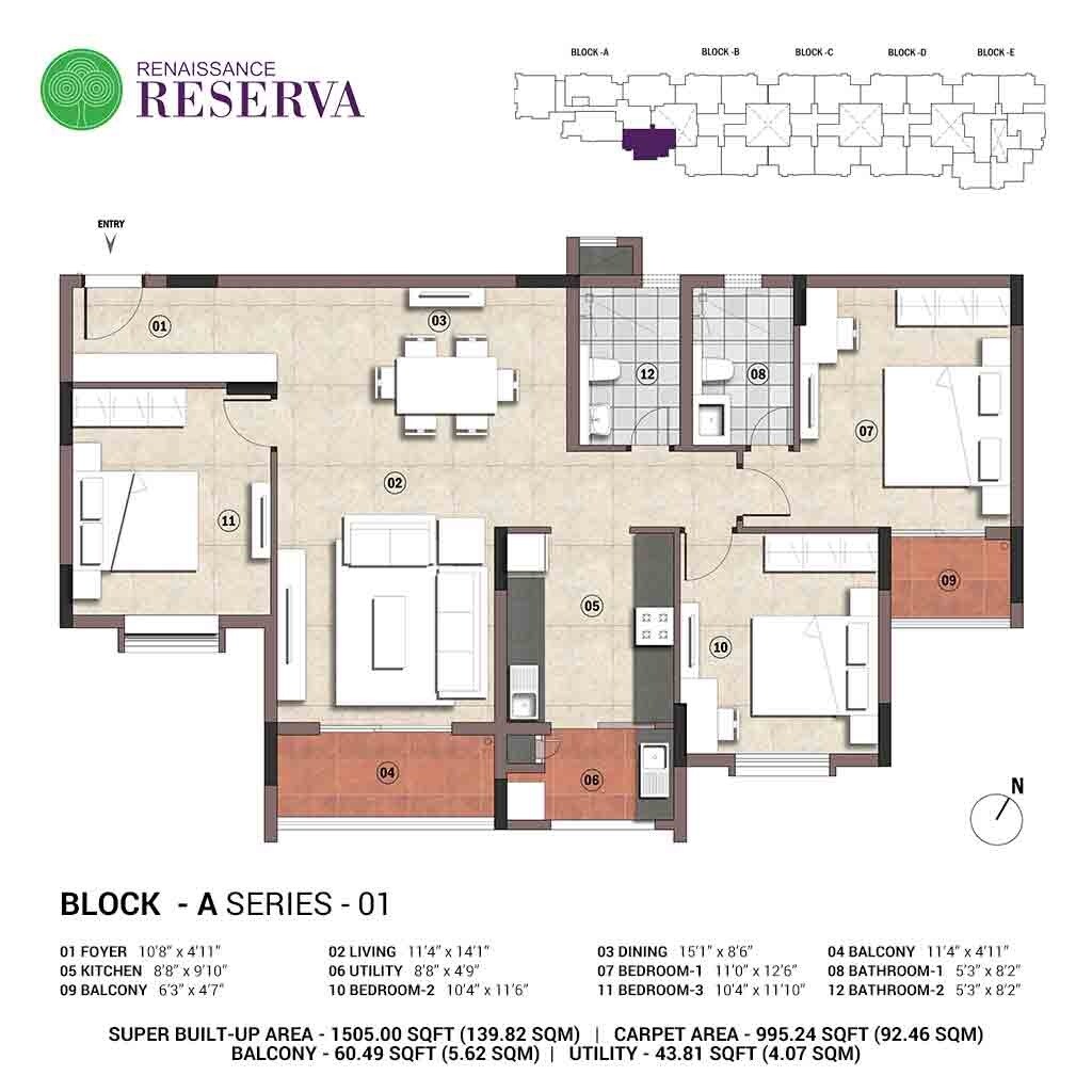 Floor plan of 3 BHK 1505 Sq. Ft. Apartment in Renaissance Reserva, Bangalore