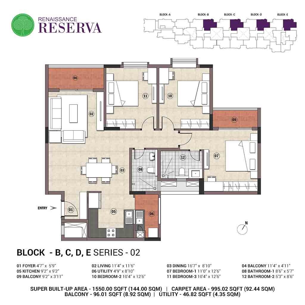 Floor plan of 3 BHK 1550 Sq. Ft. Apartment in Renaissance Reserva, Bangalore