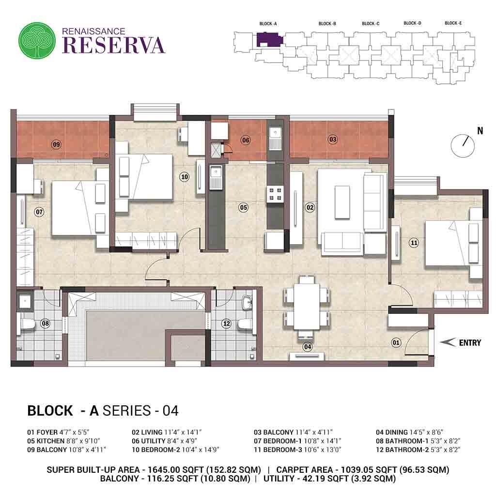 Floor plan of 3 BHK 1645 Sq. Ft. Apartment in Renaissance Reserva, Bangalore