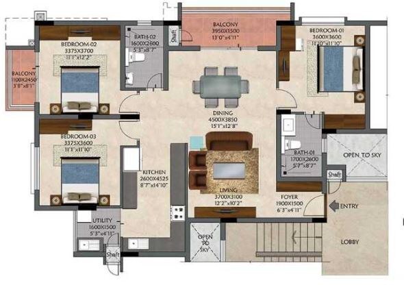 Floor plan of 3 BHK 1545 Sq. Ft. Apartment in Renaissance Shanks Sunnyside, Bangalore
