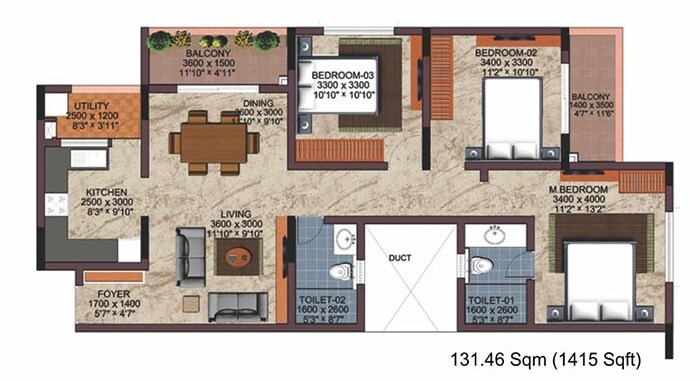 Floor plan of 3 BHK 1740 Sq. Ft. Apartment in Renaissance Woods Phase I, Bangalore