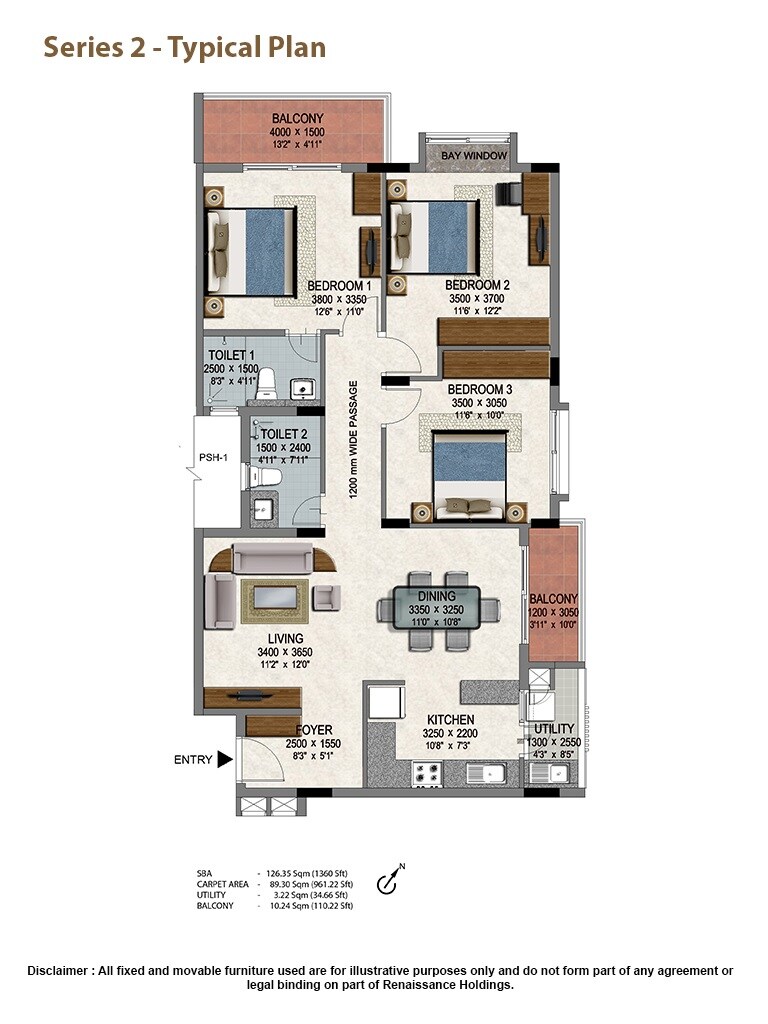 Floor plan of 3 BHK 1360 Sq. Ft. Apartment in Renaissance Woods Phase III, Bangalore