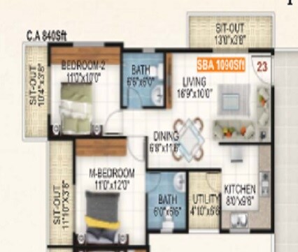 Floor plan of 2 BHK 840 Sq. Ft. Apartment in Retreat KPL Garden, Bangalore