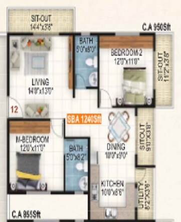 Floor plan of 2 BHK 950 Sq. Ft. Apartment in Retreat KPL Garden, Bangalore
