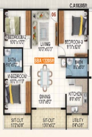 Floor plan of 3 BHK 1020 Sq. Ft. Apartment in Retreat KPL Garden, Bangalore