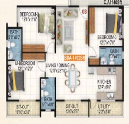 Floor plan of 3 BHK 1140 Sq. Ft. Apartment in Retreat KPL Garden, Bangalore