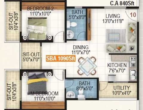 Floor plan of 2 BHK 1090 Sq. Ft. Apartment in Retreat Opulence, Bangalore