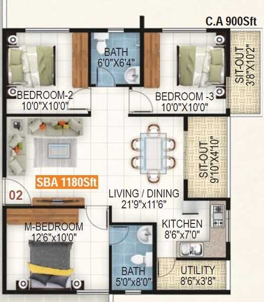 Floor plan of 3 BHK 1180 Sq. Ft. Apartment in Retreat Opulence, Bangalore