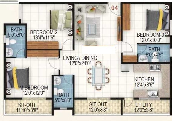 Floor plan of 3 BHK 1410 Sq. Ft. Apartment in Retreat Opulence, Bangalore