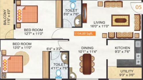 Floor plan of 2 BHK 1154 Sq. Ft. Apartment in Retreat Signaa, Bangalore