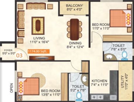 Floor plan of 2 BHK 1174 Sq. Ft. Apartment in Retreat Signaa, Bangalore