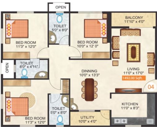 Floor plan of 3 BHK 1493 Sq. Ft. Apartment in Retreat Signaa, Bangalore