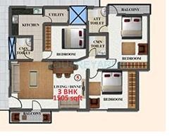 Floor plan of 3 BHK 1505 Sq. Ft. Apartment in Revival Kairos Homes, Bangalore