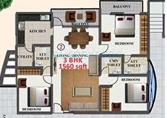 Floor plan of 3 BHK 1560 Sq. Ft. Apartment in Revival Kairos Homes, Bangalore