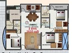 Floor plan of 3 BHK 1610 Sq. Ft. Apartment in Revival Kairos Homes, Bangalore