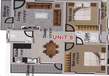 Floor plan of 2 BHK 1050 Sq. Ft. Apartment in Revival Lakshya Homes, Bangalore