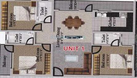 Floor plan of 3 BHK 1370 Sq. Ft. Apartment in Revival Lakshya Homes, Bangalore
