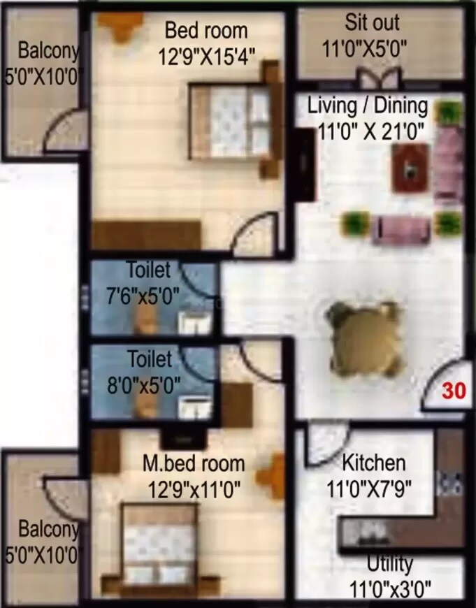 Floor plan of 2 BHK 1367 Sq. Ft. Apartment in Revivals Spring Woods, Bangalore
