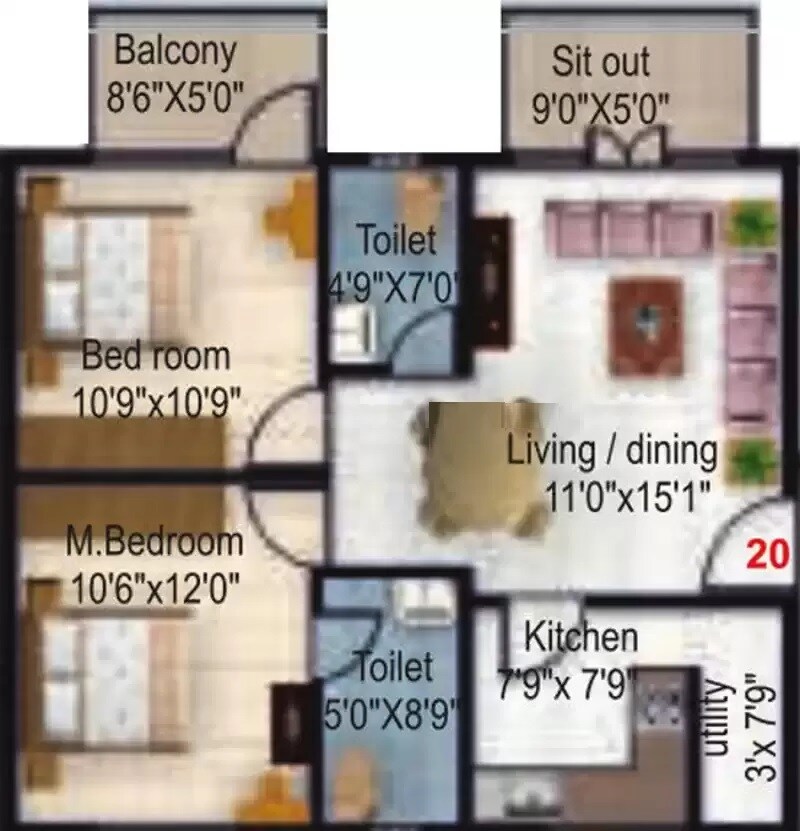Floor plan of 2 BHK 879 Sq. Ft. Apartment in Revivals Spring Woods, Bangalore