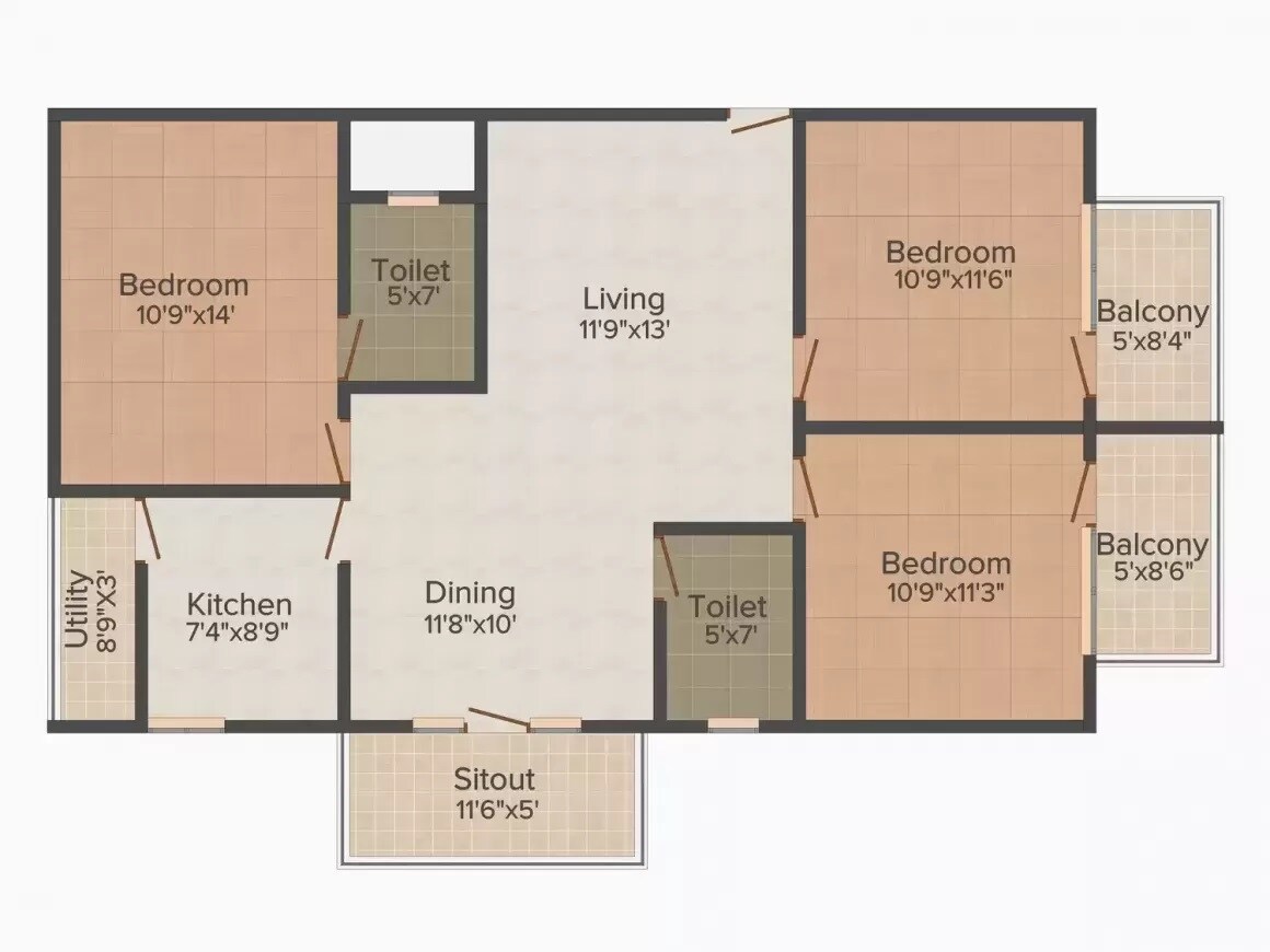 Floor plan of 3 BHK 1445 Sq. Ft. Apartment in Revivals Spring Woods, Bangalore