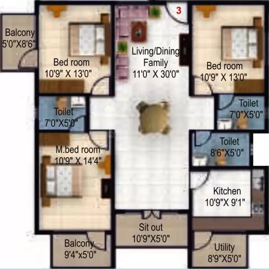 Floor plan of 3 BHK 1712 Sq. Ft. Apartment in Revivals Spring Woods, Bangalore