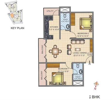 Floor plan of 2 BHK 1092 Sq. Ft. Apartment in RF Twilight, Bangalore