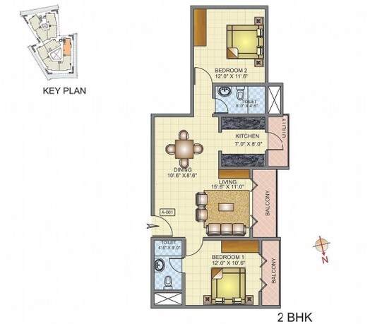 Floor plan of 2 BHK 1128 Sq. Ft. Apartment in RF Twilight, Bangalore