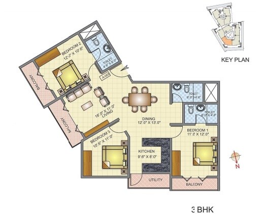 Floor plan of 3 BHK 1500 Sq. Ft. Apartment in RF Twilight, Bangalore
