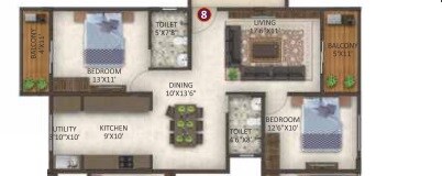 Floor plan of 2 BHK 1230 Sq. Ft. Apartment in Rgm Lk Gloria, Bangalore