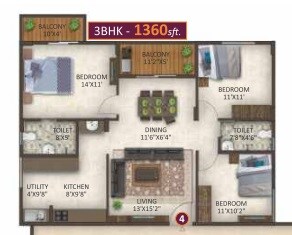 3 BHK 1360 Sq. Ft. Apartment
