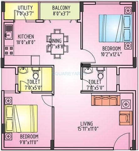 Floor plan of 2 BHK 1066 Sq. Ft. Apartment in Richmond Builders Pride, Bangalore