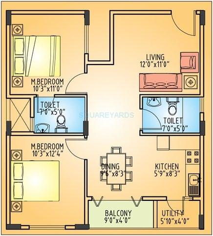 Floor plan of 2 BHK 1166 Sq. Ft. Apartment in Richmond Builders Pride, Bangalore