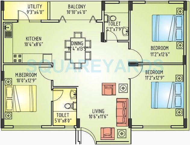 Floor plan of 3 BHK 1448 Sq. Ft. Apartment in Richmond Builders Pride, Bangalore