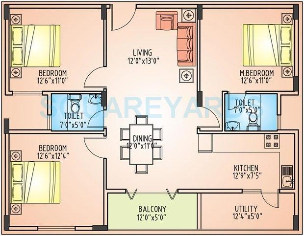 Floor plan of 3 BHK 1506 Sq. Ft. Apartment in Richmond Builders Pride, Bangalore