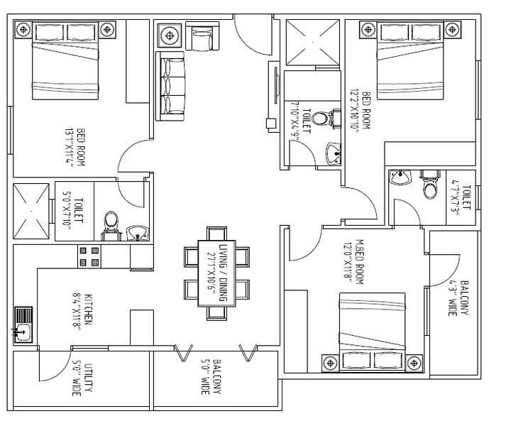 Floor plan of 3 BHK 1147 Sq. Ft. Apartment in Richmond Pride Phase II, Bangalore
