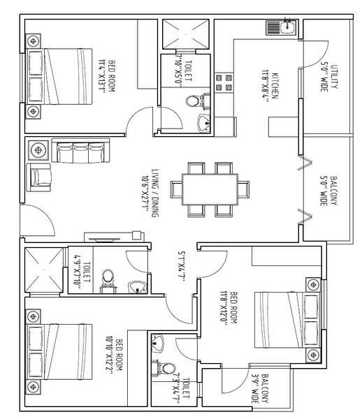 Floor plan of 3 BHK 1300 Sq. Ft. Apartment in Richmond Pride Phase II, Bangalore