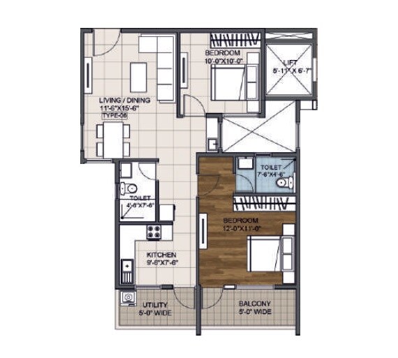 Floor plan of 1 BHK 695 Sq. Ft. Apartment in Right Grishma, Bangalore