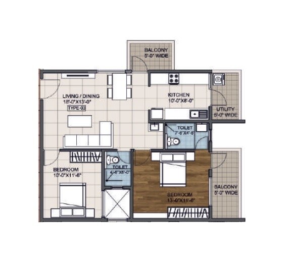 Floor plan of 2 BHK 1130 Sq. Ft. Apartment in Right Grishma, Bangalore