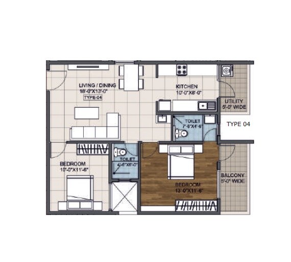 Floor plan of 2 BHK 895 Sq. Ft. Apartment in Right Grishma, Bangalore