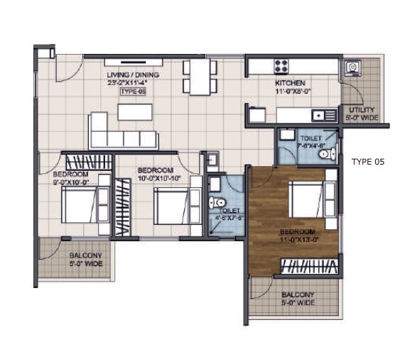 Floor plan of 3 BHK 1275 Sq. Ft. Apartment in Right Grishma, Bangalore