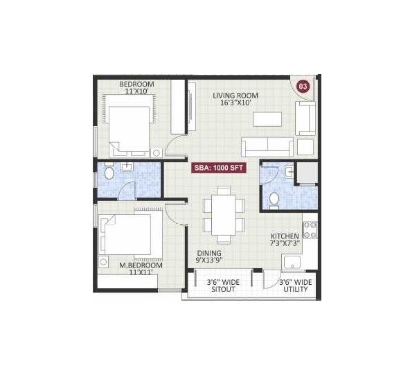 Floor plan of 2 BHK 1000 Sq. Ft. Apartment in Riqueza Barbie, Bangalore