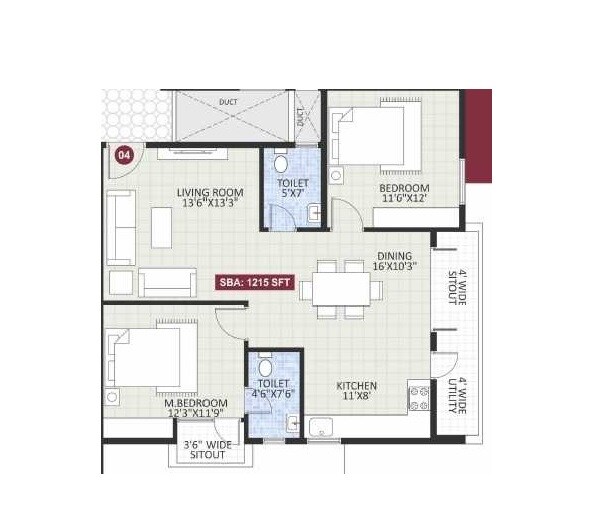 Floor plan of 2 BHK 1215 Sq. Ft. Apartment in Riqueza Barbie, Bangalore
