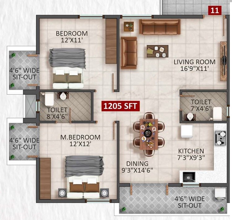 Floor plan of 2 BHK 1205 Sq. Ft. Apartment in Riqueza Siri, Bangalore
