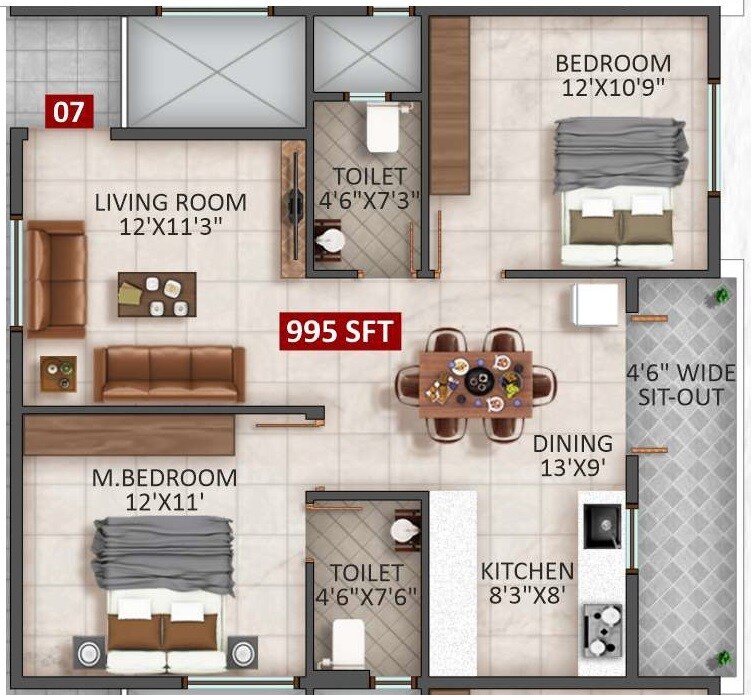 Floor plan of 2 BHK 995 Sq. Ft. Apartment in Riqueza Siri, Bangalore