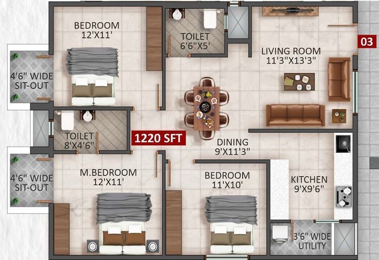 Floor plan of 3 BHK 1220 Sq. Ft. Apartment in Riqueza Siri, Bangalore