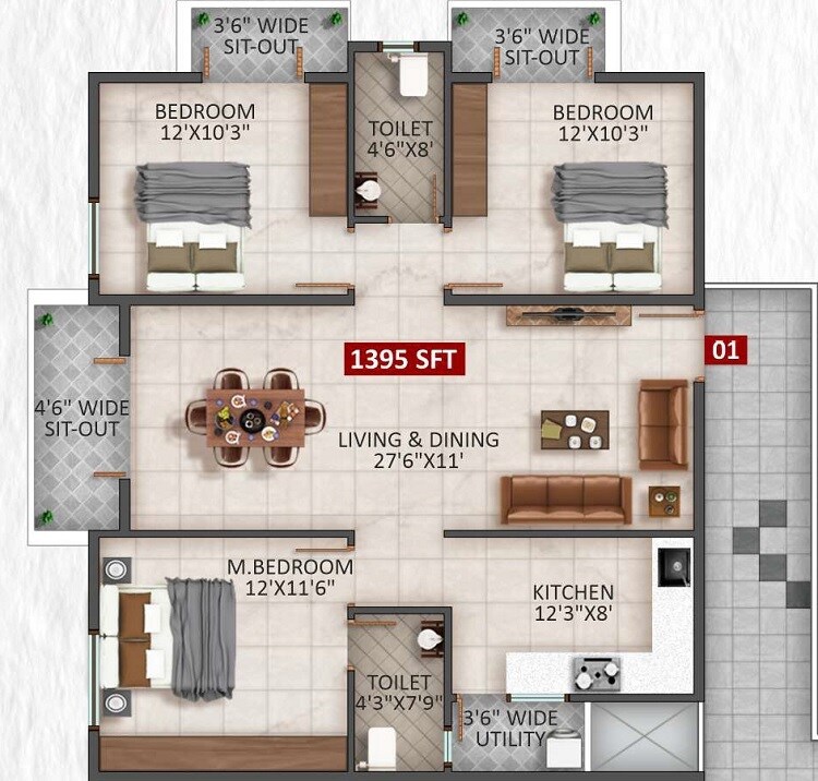Floor plan of 3 BHK 1395 Sq. Ft. Apartment in Riqueza Siri, Bangalore