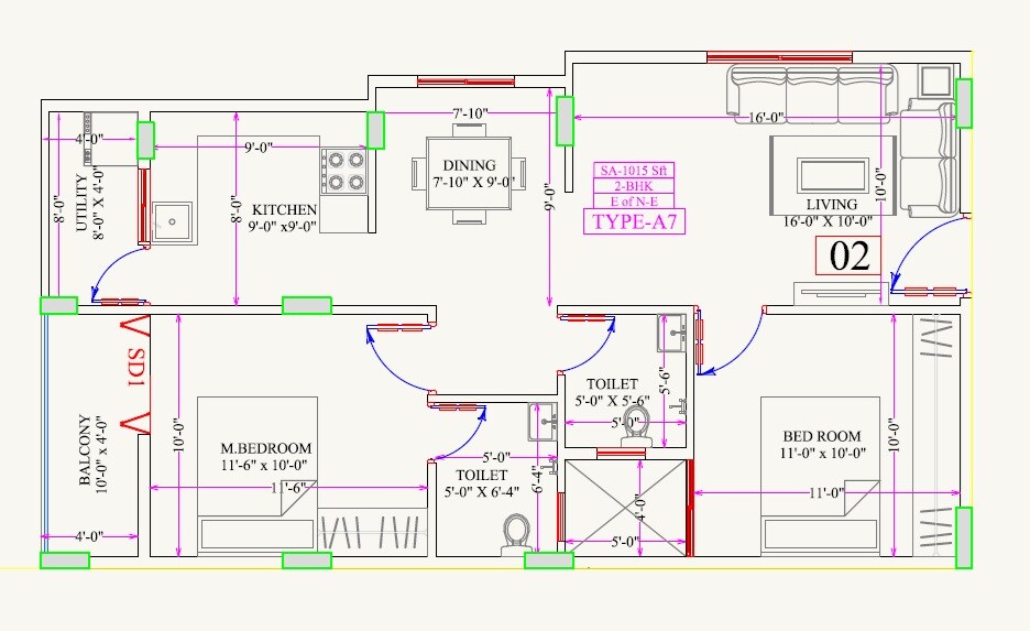Floor plan of 2 BHK 1015 Sq. Ft. Apartment in Rishideep Sentosa, Bangalore